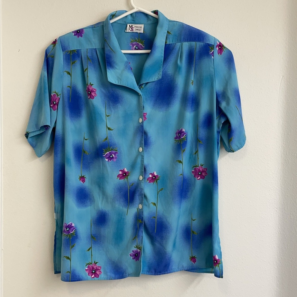 VTG Maggie Sweet Tops Womens Plus 3X B lue Floral Button Casual Old‎ Money READ